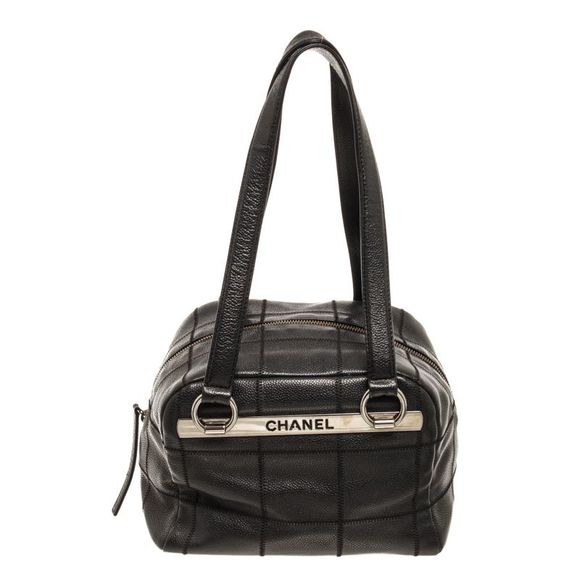 Chanel Black Stitch Quilted Caviar Leather East West Bowler Bag